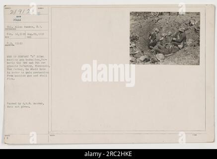 Soldiers of Company 'A' from the 1218th machine gun battalion, previously known as the 3rd and 5th regiments Infantry from Wisconsin and New Jersey, seeking refuge in a shell hole to shield themselves from machine gun and shell fire during World War I. The image was taken on an unknown date and has been authorized by the A.E.P. censor. Stock Photo