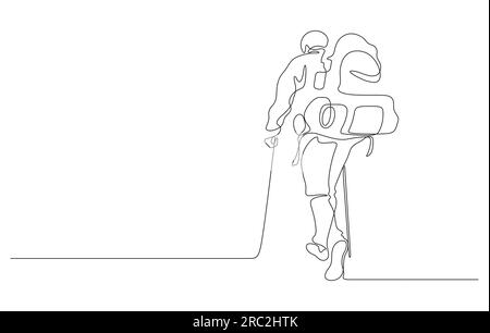 man walking trekking hiking with backpacking and trekking sticks in continuous line drawing vector illustration Stock Vector