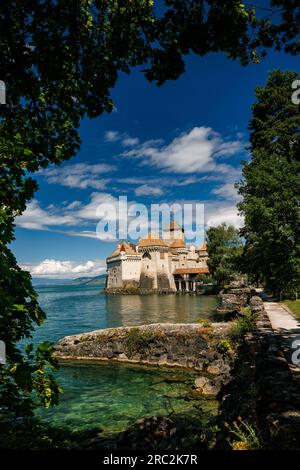 Chateau de Chillon framed by a tree in summer Stock Photo