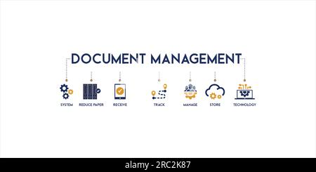 Banner document management vector illustration concept with the icon of system, reduce paper, receive, track, manage, store and technology. Stock Vector