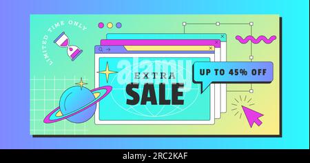 Retro vaporwave sale horizontal banner. Social media story design template with in 90s style. Computer windows with special offer. Vintage discount frame with abstract geometric linear. Stock Vector