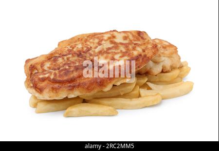 Tasty fish in soda water batter and potato chips isolated on white Stock Photo