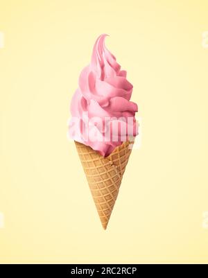 Tasty raspberry or strawberry ice cream in waffle cone on beige background. Soft serve Stock Photo