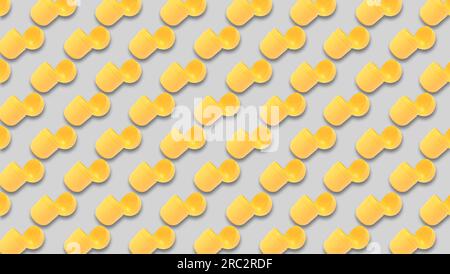 Mykolaiv, Ukraine - June 26, 2023: Open yellow plastic capsule from Kinder Surprise Egg on grey background, seamless pattern design Stock Photo