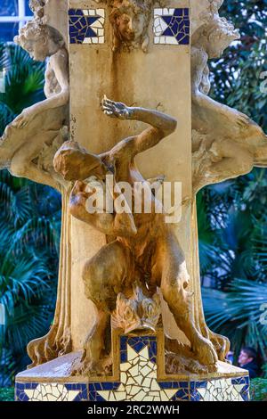 Feature of the La Aguadora fountain in a small city square. The old piece of art is considered heritage in the city Stock Photo