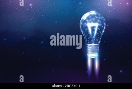 Bulb launch, wireframe polygonal style. Internet technology network, business startup concept with glowing low poly rocket. Futuristic modern abstract Stock Vector