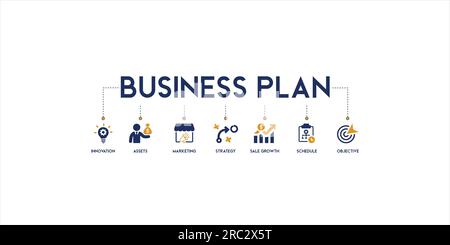 Banner of business plan symbol vector illustration concept with the icon of innovation, assets, marketing, strategy, sale, growth, schedule and object Stock Vector