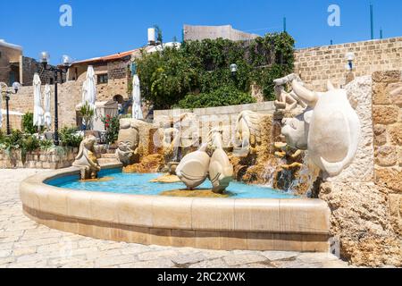 Tel-Aviv, Israel -11 July 2023, Fragment of the active fountain Zodiac Signs at Kikar Kedumim square in Old Jaffa. Working fountain with water jets Stock Photo