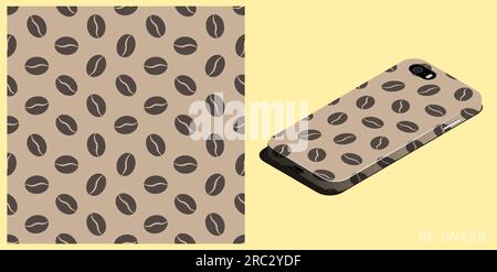 Modern smartphone in unique case decorated Grain of coffee bean plant seamless pattern. Morning drink for great mood. Isometric top view. Vector ornam Stock Vector