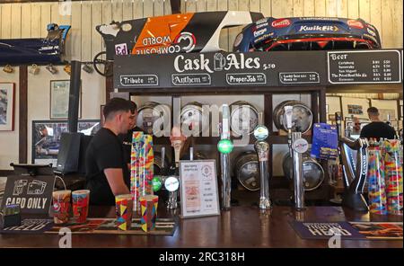 Inside the Petrol head pub @teamWoodlands , Northamptonshire, England, UK, NN12 8TN - Cask Ales Tribute, Anthem, ProperJob Stock Photo