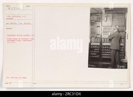 A photograph showing relay racks in the terminal room of the Telephone Building on Governor's Island, New York. The image was taken on February 13, 1919, by Corporal Steiniger of the Signal Corps. This photograph is intended for official use only and is part of the documentation of the Eastern Department's telephone system. Stock Photo