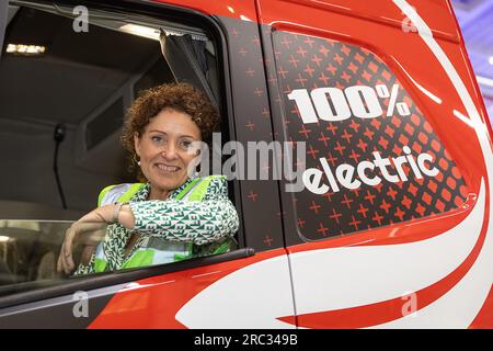 Gent, Belgium. 12th July, 2023. Lydia Peeters pictured during the presentation of an electrical truck at Volvo Group Trucks Operations in Oostakker, Gent, Wednesday 12 July 2023. BELGA PHOTO JAMES ARTHUR GEKIERE Credit: Belga News Agency/Alamy Live News Stock Photo