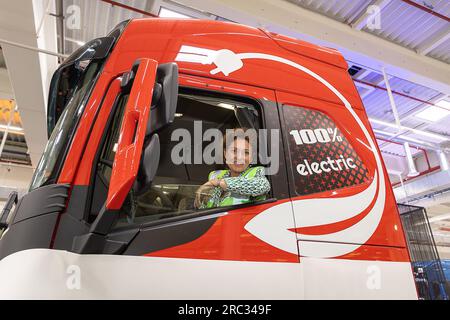 Gent, Belgium. 12th July, 2023. Lydia Peeters pictured during the presentation of an electrical truck at Volvo Group Trucks Operations in Oostakker, Gent, Wednesday 12 July 2023. BELGA PHOTO JAMES ARTHUR GEKIERE Credit: Belga News Agency/Alamy Live News Stock Photo