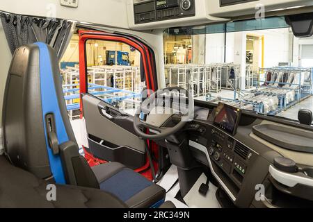 Gent, Belgium. 12th July, 2023. Illustration picture shows the presentation of an electrical truck at Volvo Group Trucks Operations in Oostakker, Gent, Wednesday 12 July 2023. BELGA PHOTO JAMES ARTHUR GEKIERE Credit: Belga News Agency/Alamy Live News Stock Photo