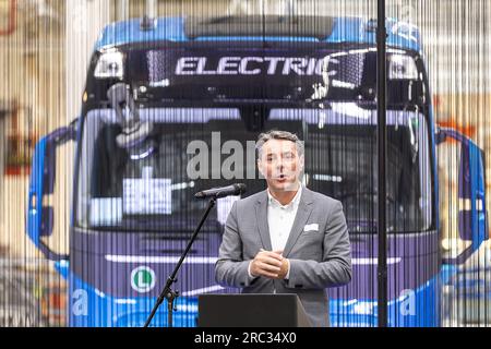 Gent, Belgium. 12th July, 2023. Frank Kimpe pictured during the presentation of an electrical truck at Volvo Group Trucks Operations in Oostakker, Gent, Wednesday 12 July 2023. BELGA PHOTO JAMES ARTHUR GEKIERE Credit: Belga News Agency/Alamy Live News Stock Photo