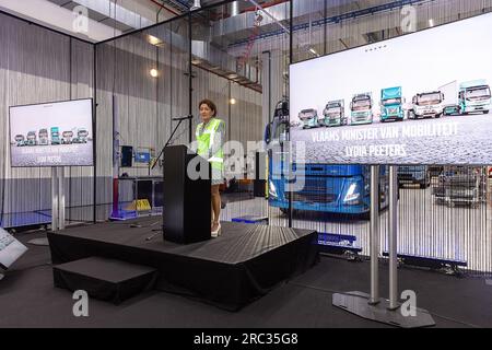 Gent, Belgium. 12th July, 2023. Lydia Peeters pictured during the presentation of an electrical truck at Volvo Group Trucks Operations in Oostakker, Gent, Wednesday 12 July 2023. BELGA PHOTO JAMES ARTHUR GEKIERE Credit: Belga News Agency/Alamy Live News Stock Photo