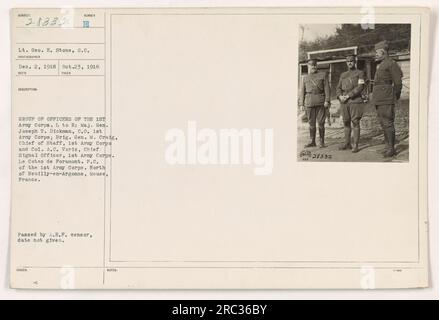 Group of officers of the 1st Army Corps, stationed at Le Cotes de Foramont, P.C. of the 1st Army Corps. From left to right: Maj. Gen. Joseph T. Dickman, C.O. 1st Army Corps; Brig. Gen. M. Craig, Chief of Staff, 1st Army Corps; and Col. A.C. Voris, Chief Signal Officer, 1st Army Corps. This photograph was taken on Oct. 23, 1918, and received on Dec. 2, 1918. It was passed by the A.E.F. censor but no other details were given. (Photographed by Lt. Geo. E. Stone, S.C.) Stock Photo