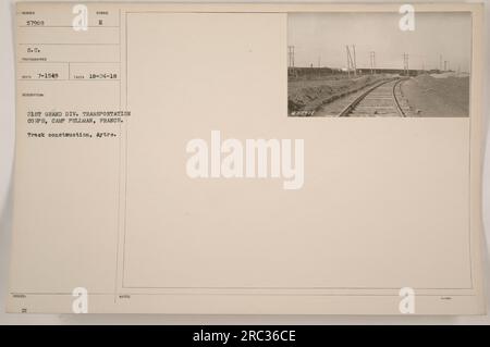 This photograph depicts the track construction taking place in Aytre, France, by the 21st Grand Div. Transportation Corps of Camp Pullman. The photograph was taken on October 24, 1918, and has been assigned the number 57908 S.C. It is part of the American Military Activities during World War I collection. Stock Photo