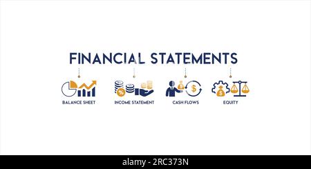 Banner of financial statement web icon vector illustration concept with icon of graph, balance sheet, pie chart, income statements, money, calculator Stock Vector