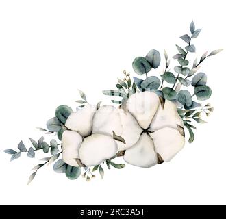 Cotton dry flowers and eucalyptus branches corner frame illustration. Hand drawn rustic card for floral wedding designs Stock Photo