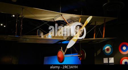 Sopwith Pup Reproduction WW1 fighter plane suspended in the Museum of Flight Seattle Washington State USA Stock Photo