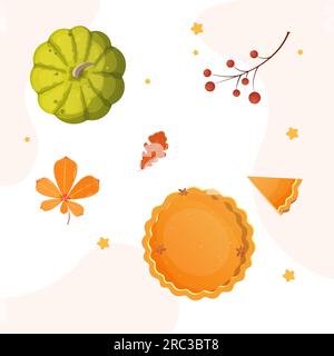 Thanksgiving vector illustration set, pumpkin, pie and leaves. Vector illustration Stock Vector