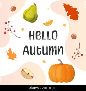 Hello Autumn. Vector set of elements background. Pumpkin, apple, pie. Stock Vector