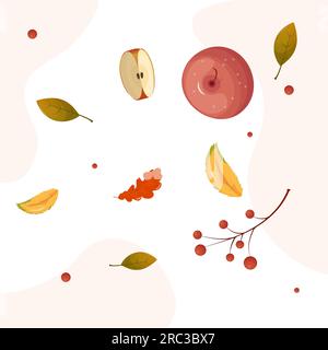 Clipart elements leaves leaves berries apple slice, autumn. Vector illustration Stock Vector
