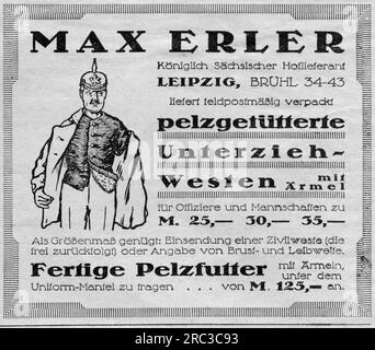 advertising, fur-lined underneath waistcoats, Max Erler, Royal Saxon warrant of appointment, Leipzig, ADDITIONAL-RIGHTS-CLEARANCE-INFO-NOT-AVAILABLE Stock Photo
