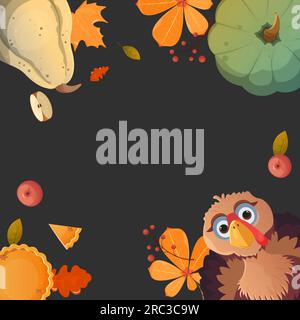 Autumn leaves and pumpkins frame with space text on background. Seasonal floral maple oak orange leaves with pumpkins for thanksgiving holiday, turkey Stock Vector