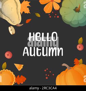Hello Autumn. Vector set of elements background. Pumpkin, apple, pie. Stock Vector