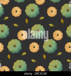 Seamless pattern of whole pumpkins on black background.  Suitable for wallpapers, web page backgrounds, surface textures, textiles. Stock Vector