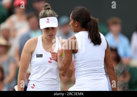 Maia Lumsden and Naiktha Bains (right) during the Ladies' doubles quarter final match against Storm Hunter and Elise Mertens on day ten of the 2023 Wimbledon Championships at the All England Lawn Tennis and Croquet Club in Wimbledon. Picture date: Wednesday July 12, 2023. Stock Photo
