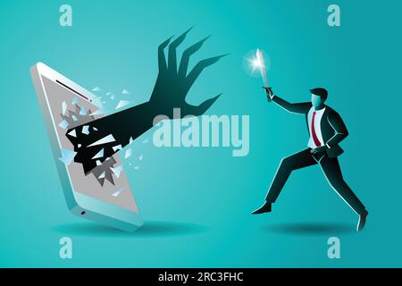 Vector illustration of business concept, a businessman holding sword fighting with big hand which appearing from cellular phone Stock Vector