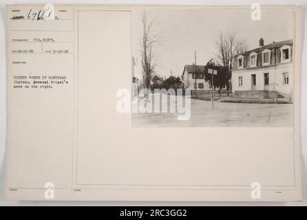 Street scene in Montreau Chateau during World War One. The image shows General Weigel's mess on the right side of the street. The photograph was taken on March 19, 1919, and the description mentions that it was issued and assigned the reference number -67664 by the signal corps. Stock Photo