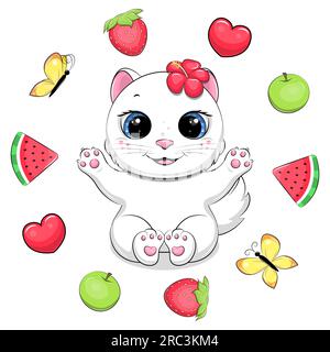 Cute cartoon white cat with a red flower in fruit frame. Summer vector illustration of an animal, watermelon, apple, strawberry, butterfly, heart Stock Vector
