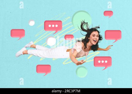 Unusual creative collage banner of millennial lady appear in virtual reality by using chatting application high tech concept Stock Photo
