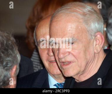 Paris, France. 10th June, 2009. ***JUNE 10, 2009, FILE PHOTO*** Czech-born writer Milan Kundera, living in France since 1975, died on 12 July 2023 at the age of 94, said Anna Mrazova, spokeswoman for the Moravian Library in Brno. His library opened in Brno this year. French writer of Czech origin Milan Kundera is awarded the Simone and Cino Del Duca Foundation World Prize for his lifetime achievement in Paris, France, June 10, 2009. The foundation that is part of the French Academy appreciated Kundera's work for reflecting the message of modern humanism. Stock Photo