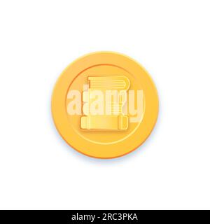 Golden game coin. Coin icon, gold medal. Coin with books. Graphic user interface design element game coin. Stock Vector