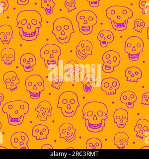 Doodle Halloween sculls seamless pattern. Violet Skeleton on orange background. Hand-drawn scary cranium. Mystical sketch character. Vector illustrati Stock Vector