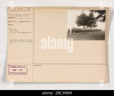 A line-up of trained National Army men at Camp Lewis, American Lake, Washington. The photograph was taken on February 16th, 1918, by Lieutenant E.N. Jackson, a photographer for the Signal Reserve Corps. It was censored and released by the War College Division Laboratory on March 7th, 1918. Stock Photo