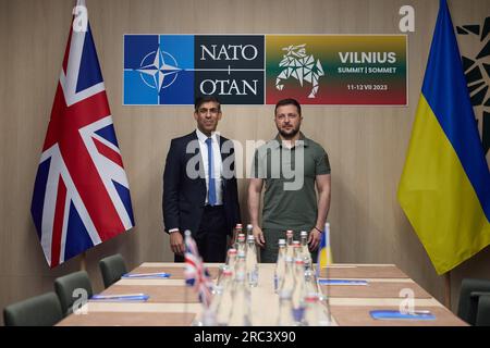 Vilnius, Lithuania. 12th July, 2023. Ukrainian President Volodymyr Zelensky holds a bilateral meeting with Britain's Prime Minister Rishi Sunak (L) on the sidelines of the NATO Summit on July 12, 2023 in Vilnius, Lithuania. Photo by Ukrainian President Press Office/ Credit: UPI/Alamy Live News Stock Photo