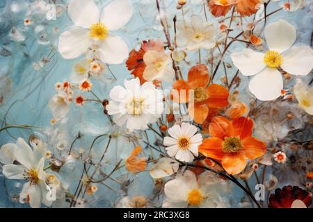 Wild flowers in frozen water. Floral background. Botanical wallpaper. Natural decoration with field flowers in ice. Blossom composition Stock Photo