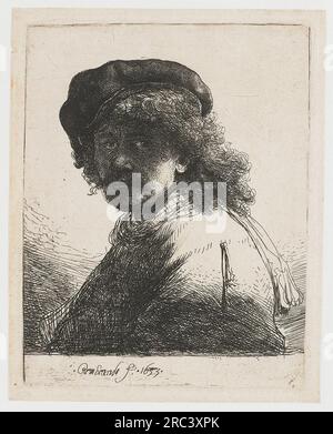 Self-portrait in a cap and scarf with the face dark bust 1633 by Rembrandt Stock Photo