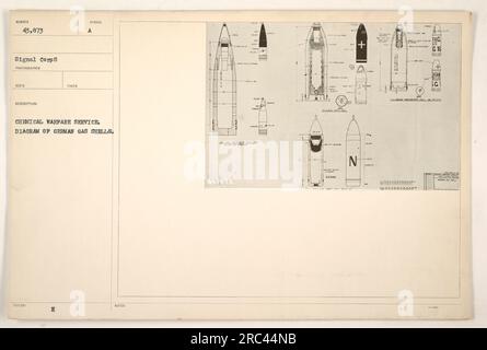 The image shows a diagram of German gas shells during World War I. It was taken by a Signal Corps photographer for the Chemical Warfare Service. The diagram provides a visual representation of the different types of gas shells used by the Germans during the war. Stock Photo