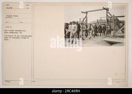 Prisoners of war leaving the main gate of the war prison barracks #1 at Fort McPherson, Georgia. They are seen heading towards work gate number 45625, under the supervision of the Signal Corps. The photograph was taken during World War One. Stock Photo
