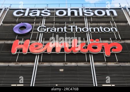 GOTHENBURG, SWEDEN - AUGUST 26, 2018: Nordstan shopping center in Gothenburg, Sweden. Signs of Clas Ohlson, Grant Thornton and Hemkop supermarket. Stock Photo