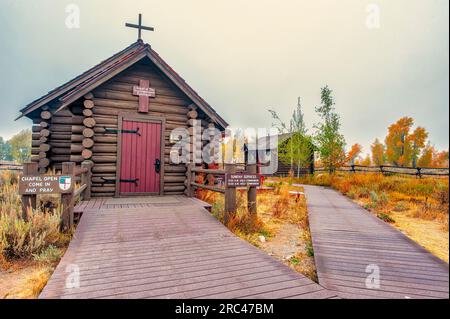 Episcopal Chapel of the Transfiguration in Grand Tetons National Park. Stock Photo