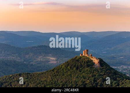 Burg Trifels Illuminated by the Setting Sun in Palatinate Forest seen from Rehbergturm, Rhineland-Palatinate, Germany, Europe Stock Photo