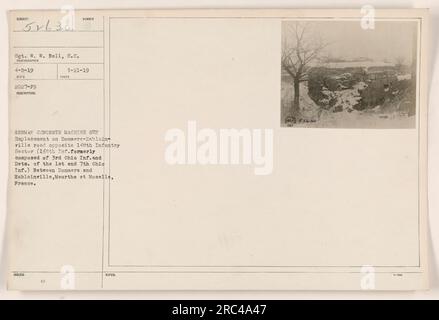 A German concrete machine gun emplacement is seen on the Donmere-Hablainville road, located opposite the 148th Infantry Sector (previously composed of 3rd Ohio Infantry and detachments of the 1st and 7th Ohio Infantry). The photo was taken by Sgt. W. W. Bell on April 8, 1919, in Meurthe et Moselle, France. Stock Photo